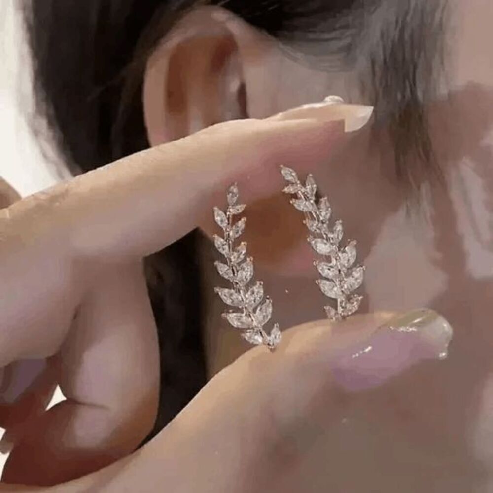 Rose Gold Leaf Diamond Ear Crawler Ear Hugger Earrings